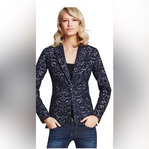CAbi Womans Sz 4 Navy Jacquard Brocade Paisley Blazer Jacket Wool Blend Lined - Picture 3 of 9
